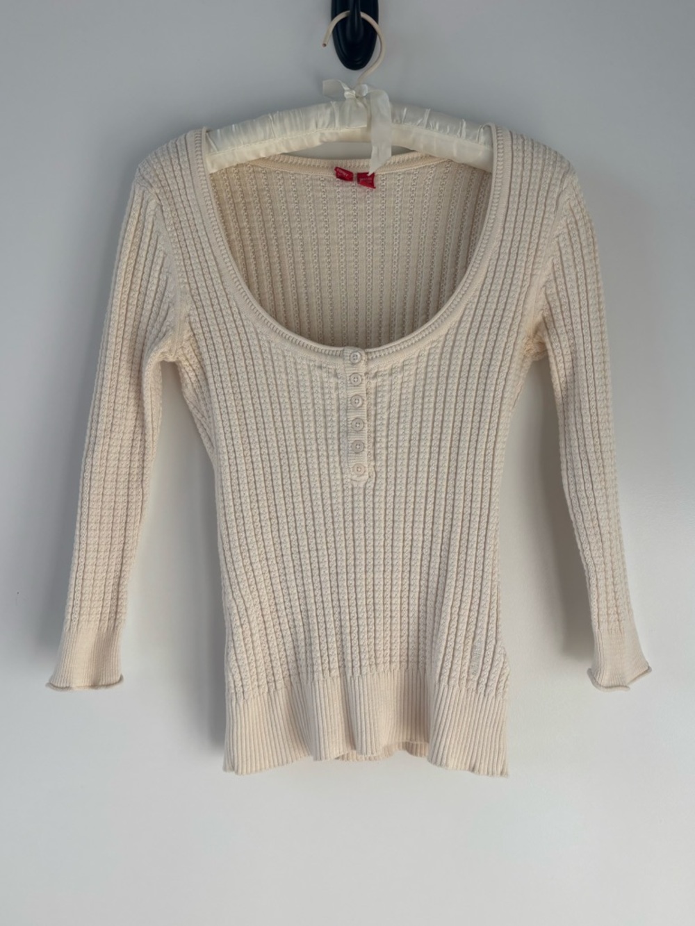 Vintage Y2K Esprit Cream Ribbed Scoop Neck Henley Babydoll 3/4 Top Bella Swan